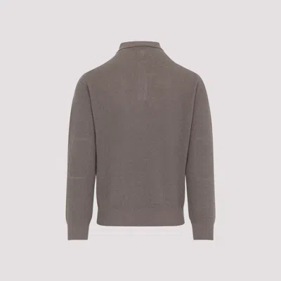 Canali Taupe Brown Wool Long Sleeves Suede Detail Polo In Gray