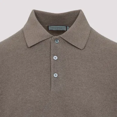Canali Taupe Brown Wool Long Sleeves Suede Detail Polo In Gray