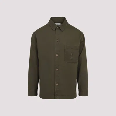 Saint Laurent Solferino Cotton Gabardine Overshirt With Cassandre Logo In Green