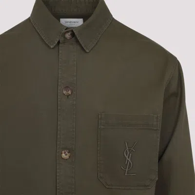 Saint Laurent Solferino Cotton Gabardine Overshirt With Cassandre Logo In Green