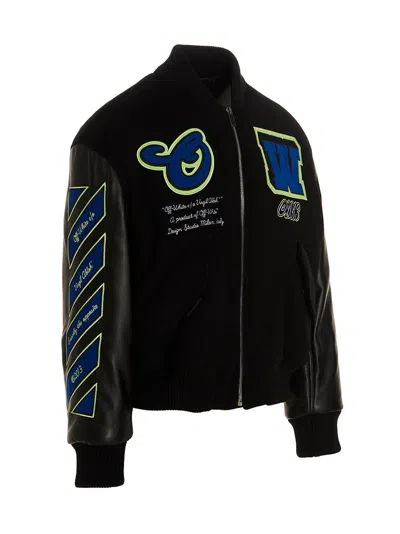 Off-white Leather Varsity Bomber With Patchwork In Black