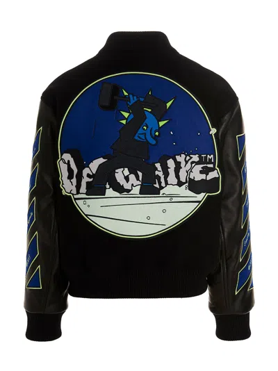 Off-white Leather Varsity Bomber With Patchwork In Black