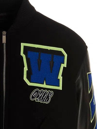 Off-white Leather Varsity Bomber With Patchwork In Black