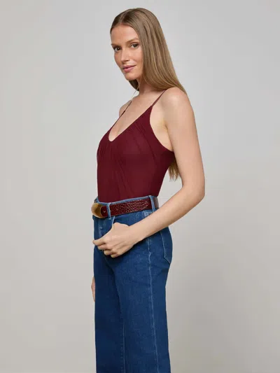 L Agence Gelina Ruched Thong Bodysuit Black Cherry In Burgundy