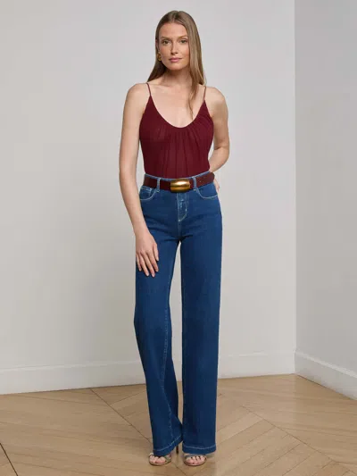L Agence Gelina Ruched Thong Bodysuit Black Cherry In Burgundy