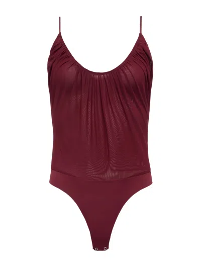 L Agence Gelina Ruched Thong Bodysuit Black Cherry In Burgundy