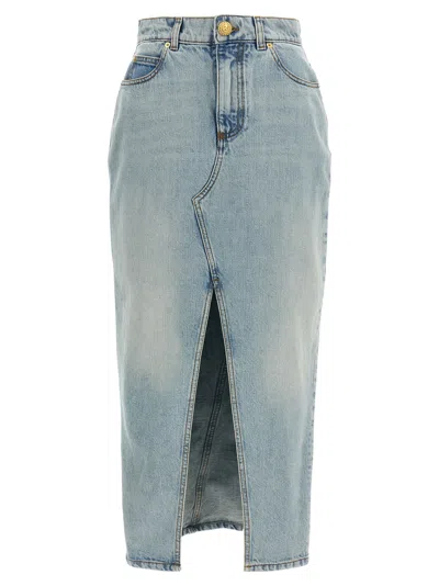 Balmain Women Denim Midi Skirt In Blue