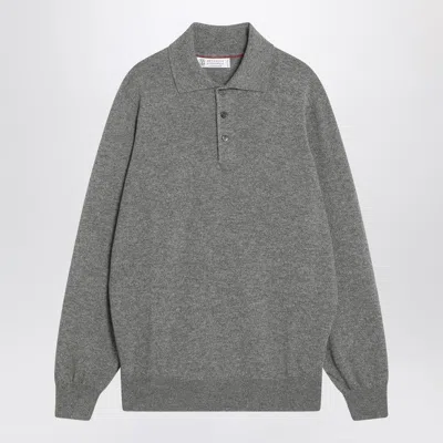 Brunello Cucinelli Cashmere Polo Ribbed Collar Cuffs Hem In Gray