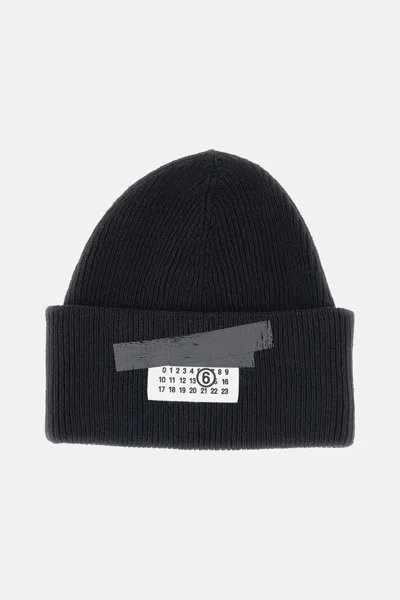 Mm6 Maison Margiela Mm6 By Maison Margiela Ribbed Knit Wool Beanie With Folded Cuff And Label In Black