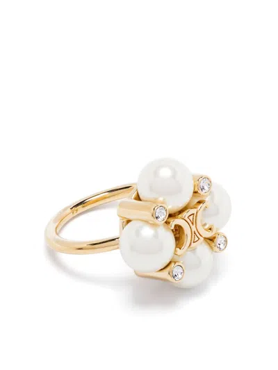 Celine Crystal And Pearl Gold Brass Ring In Multi