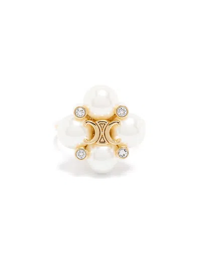Celine Crystal And Pearl Gold Brass Ring In Multi