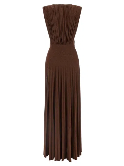 Elisabetta Franchi Celebrite V-neck Metallic Pleated Sleeveless Dress In Brown