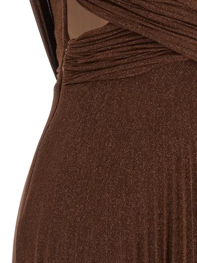 Elisabetta Franchi Celebrite V-neck Metallic Pleated Sleeveless Dress In Brown
