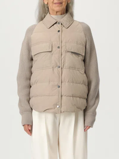 Brunello Cucinelli Two-material 'shiny Flap Detail' Down Jacket In Brown