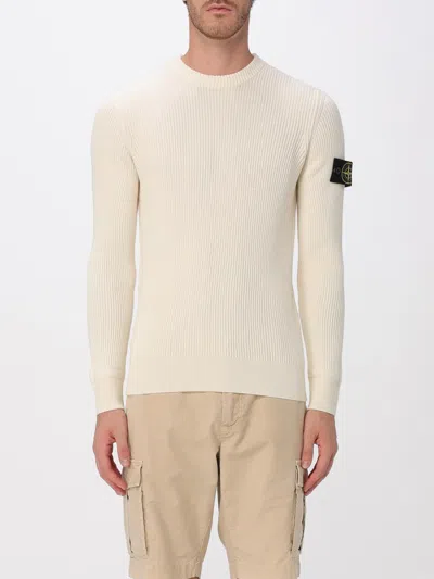 Stone Island High Neck White Sweater With Ribbed Texture And Unique Patch In White