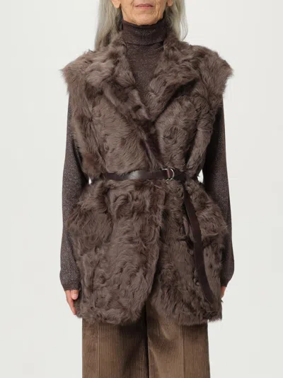 Brunello Cucinelli Belted Faux Fur Vest With Notched Lapel In Brown
