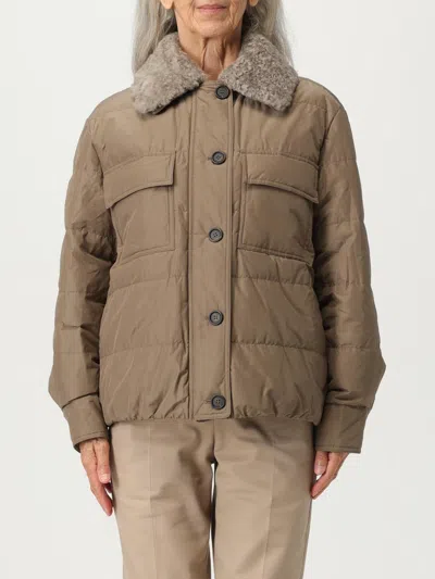 Brunello Cucinelli Quilted Coat With Plush Shearling Collar And Flap Pockets In Brown