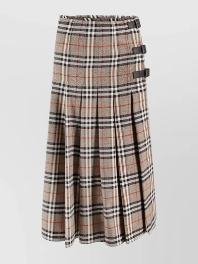 Burberry Check Print Wool Long Skirt With Fringed Profiles In Gray