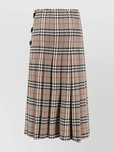 Burberry Check Print Wool Long Skirt With Fringed Profiles In Gray