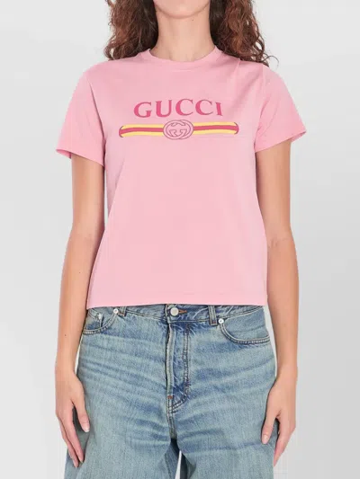 Gucci Women Pink Crewneck T-shirt With Logo Print On The Front In Cotton Woman