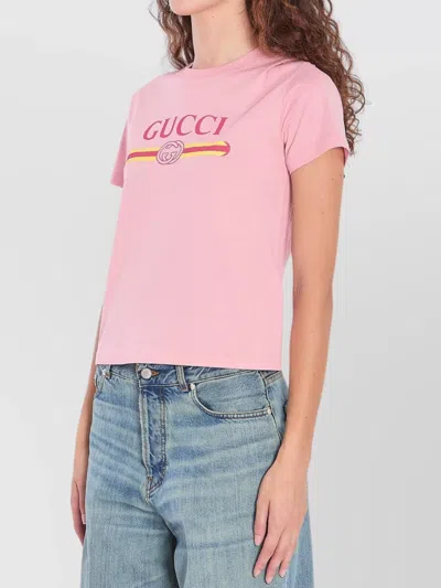 Gucci Women Pink Crewneck T-shirt With Logo Print On The Front In Cotton Woman
