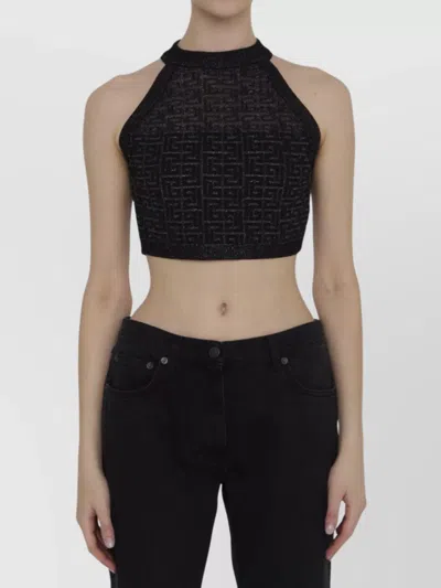 Balmain Sheer Geometric Halterneck Top With Metallic Threading In Black