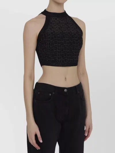 Balmain Sheer Geometric Halterneck Top With Metallic Threading In Black