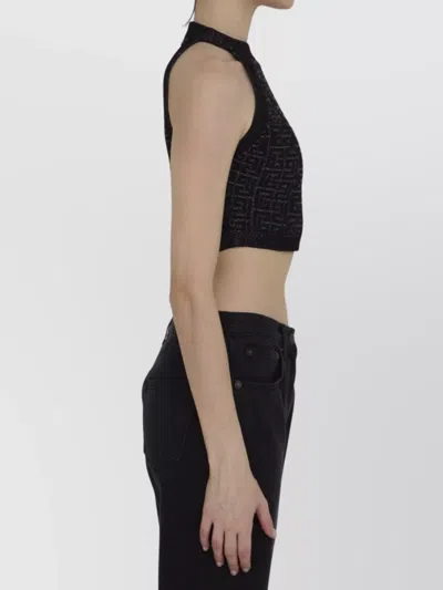 Balmain Sheer Geometric Halterneck Top With Metallic Threading In Black