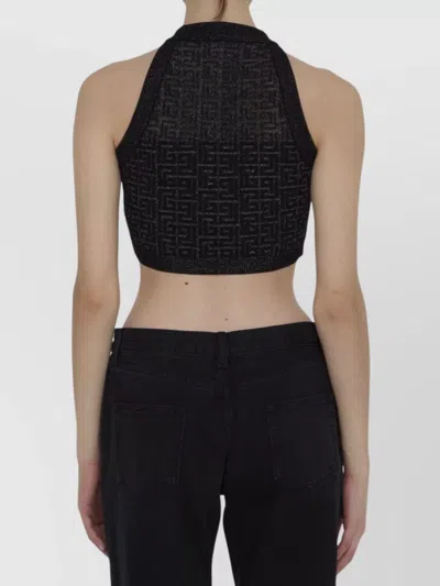 Balmain Sheer Geometric Halterneck Top With Metallic Threading In Black