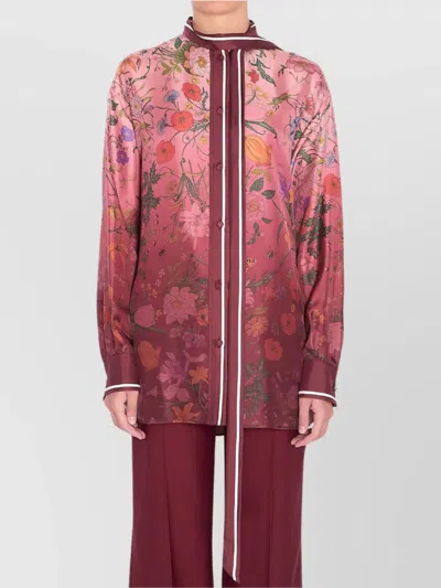 Gucci Bordeaux Shirt With Collar With Bow And All-over Flora Print In Silk Woman In Pink