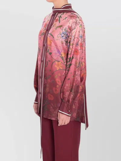 Gucci Bordeaux Shirt With Collar With Bow And All-over Flora Print In Silk Woman In Pink
