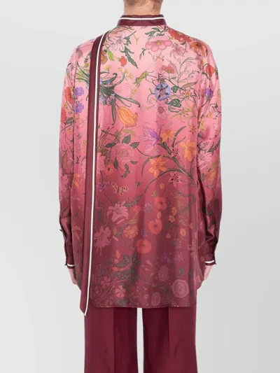 Gucci Bordeaux Shirt With Collar With Bow And All-over Flora Print In Silk Woman In Pink