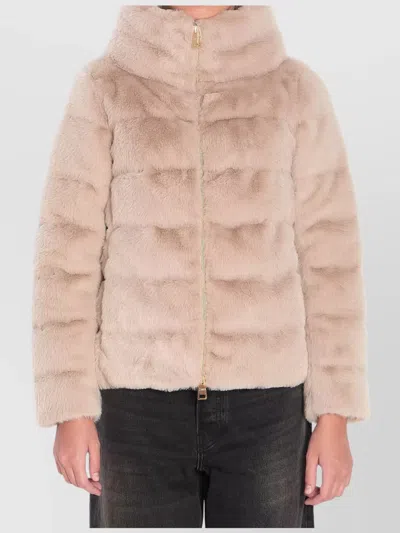 Herno Cropped Beige Coat With Horizontal Quilted Pattern And High Collar In Neutral