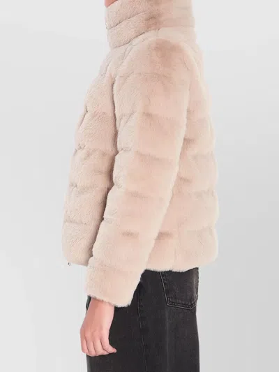 Herno Cropped Beige Coat With Horizontal Quilted Pattern And High Collar In Neutral