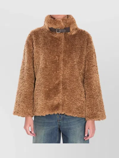 Herno Plush Faux Fur Jacket With High Collar And Buckle Closure In Brown