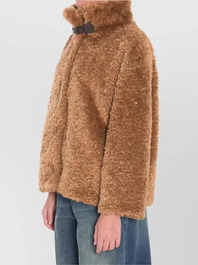 Herno Plush Faux Fur Jacket With High Collar And Buckle Closure In Brown
