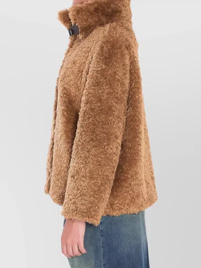 Herno Plush Faux Fur Jacket With High Collar And Buckle Closure In Brown