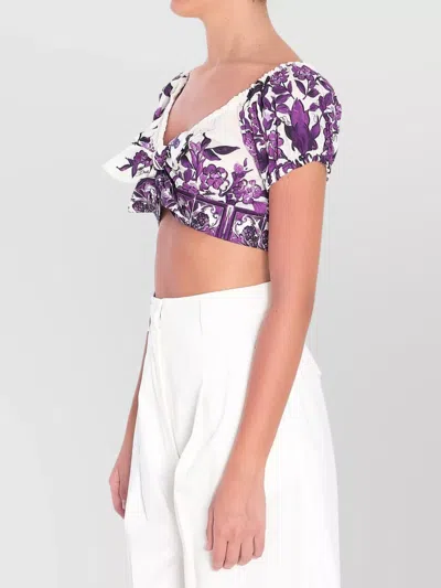 Dolce & Gabbana Majolica Off Shoulder Cropped Top Knot Detail In Purple