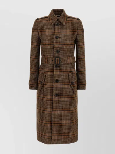 Saint Laurent Long Coat In Prince Of Wales Wool In Brown
