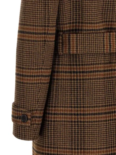 Saint Laurent Long Coat In Prince Of Wales Wool In Brown