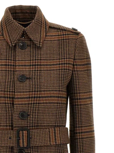 Saint Laurent Long Coat In Prince Of Wales Wool In Brown