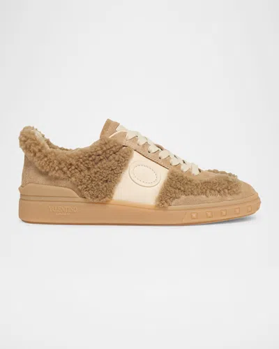 Valentino Garavani Upvillage Suede Shearling Low-top Sneakers In Brown