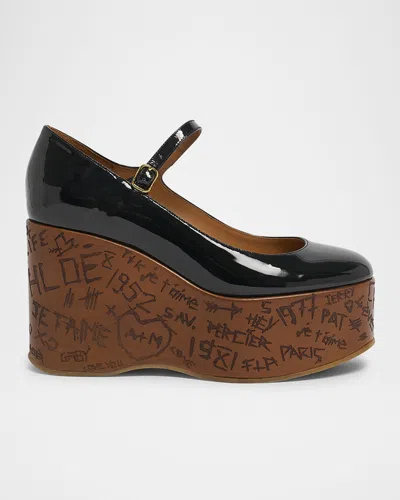 Chloé Maxime Patent Leather Platform Wedge Sandals In Black