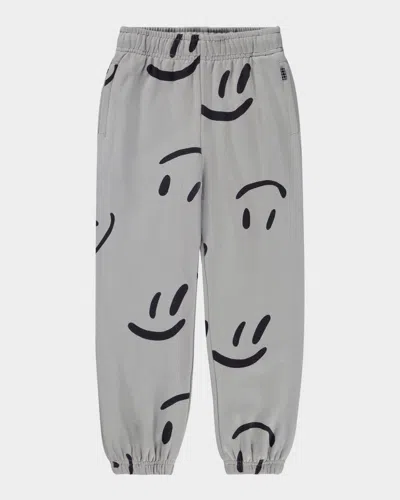 Molo Boy's Adan Smiley-print Cotton Jogger Pants In Gray