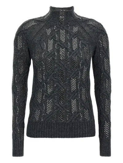 Ermanno Scervino Cable Knit Mock Neck Sweater With Ribbed Hem In Black