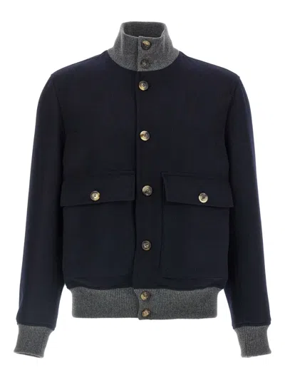 Brunello Cucinelli Men Wool Bomber Jacket In Blue