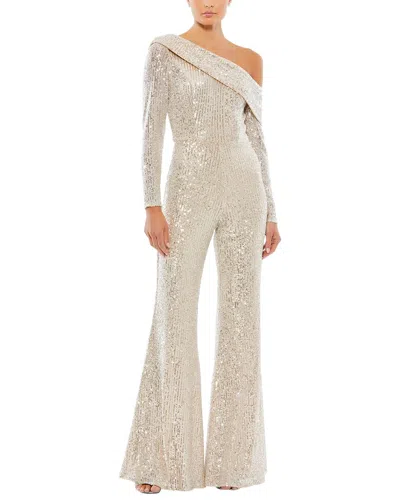 Mac Duggal Sequin One-shoulder Long Sleeve Flare Jumpsuit In Metallic