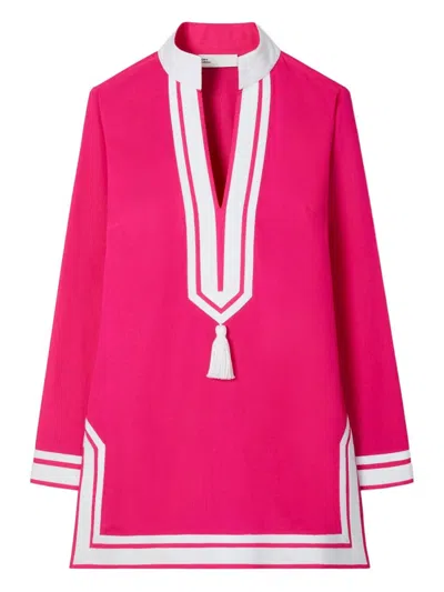 Tory Burch Short Dress Cotton Contrasting Profiles In Pink