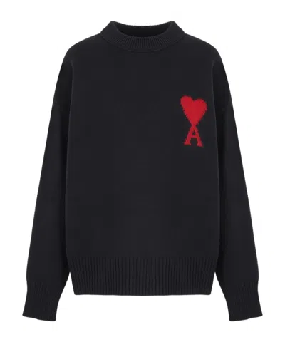 Ami Alexandre Mattiussi Relaxed Fit Black Wool Turtleneck Sweater With Graphic Heart Motif In Blue