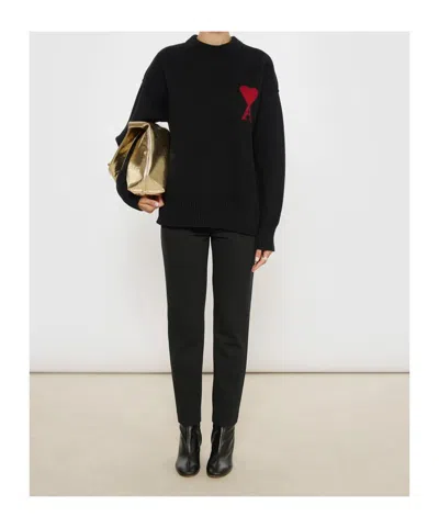 Ami Alexandre Mattiussi Relaxed Fit Black Wool Turtleneck Sweater With Graphic Heart Motif In Blue